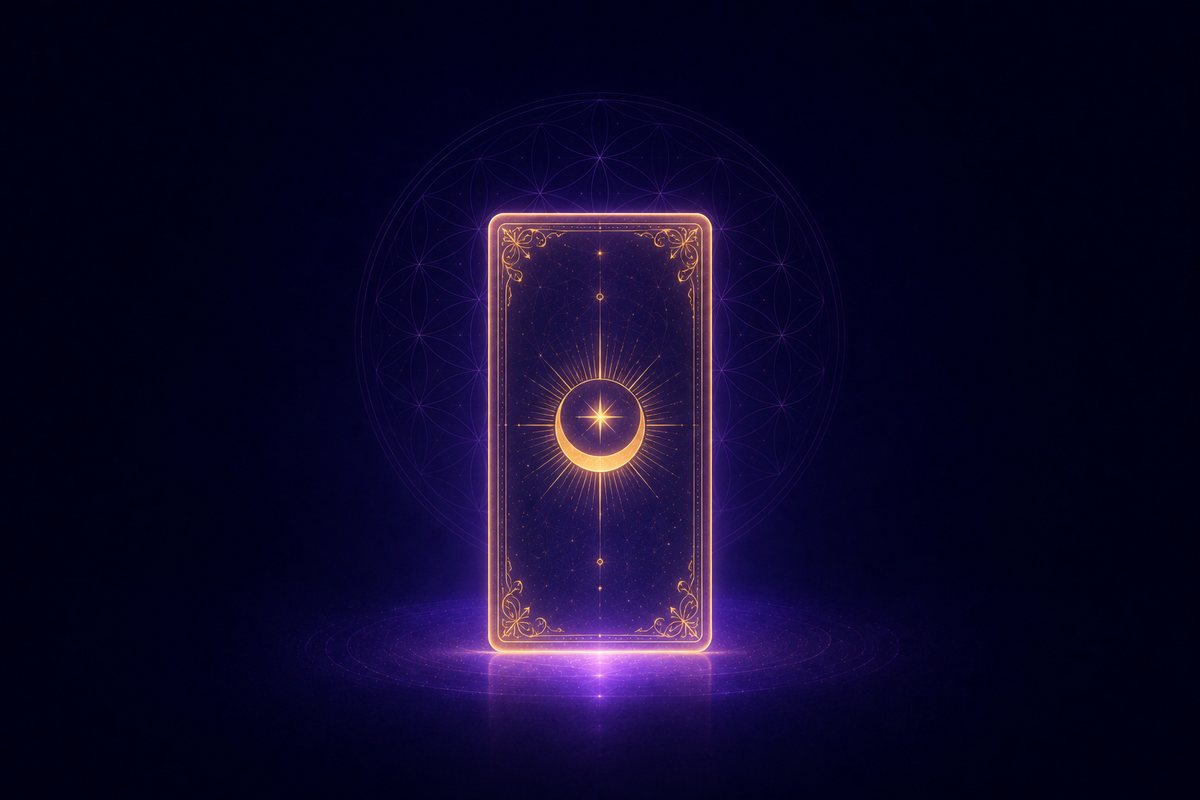 The Deckmaker's Codex — a glowing tarot card with a celestial emblem