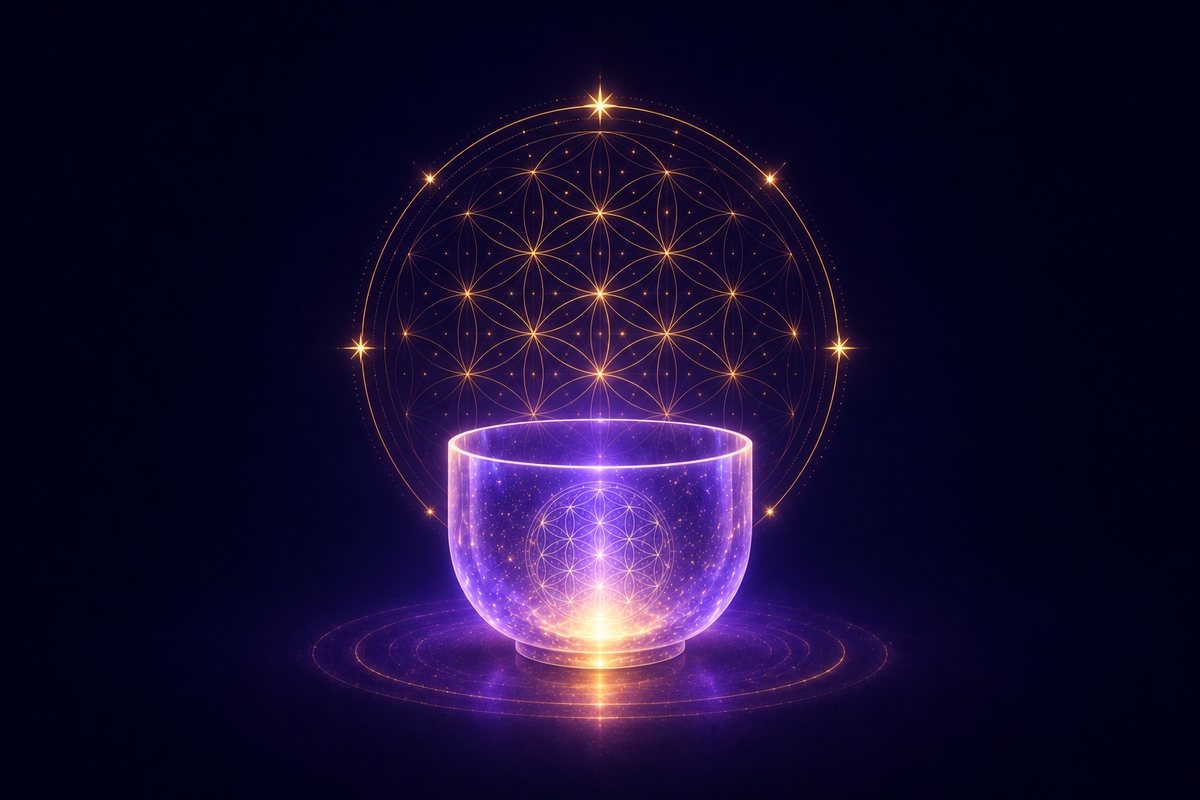 Oracle membership — a luminous crystal singing bowl crowned with a golden Flower of Life
