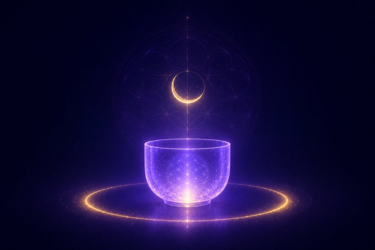 Priestess membership — a glowing crystal singing bowl beneath a golden crescent moon